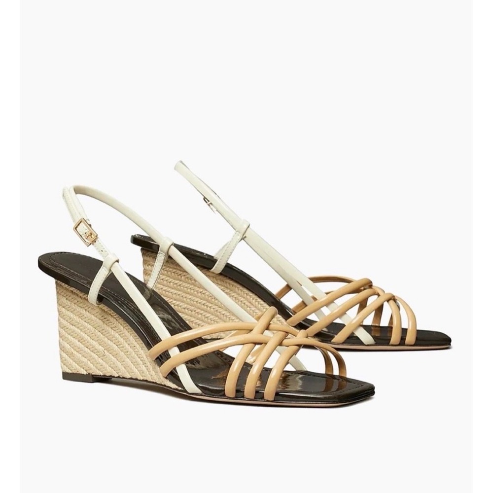 Tory Burch Strappy Patent Leather Espadrille Wedge Sandals Brown Tan Cream 9M